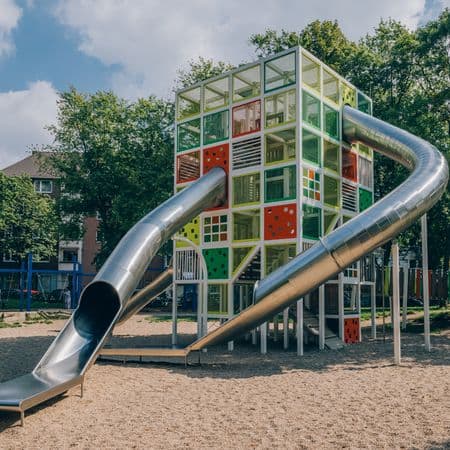 Großes Spielgerät mit großer Röhrenrutsche auf dem Spielplatz Kantpark