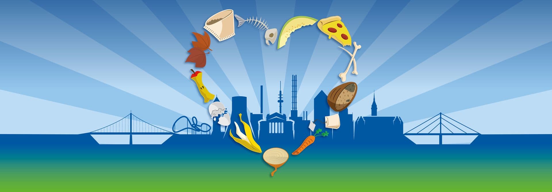 Kampagne Biotonne 2025 Skyline von Duisburg mit einem Herz aus Essensresten im Vordergrund